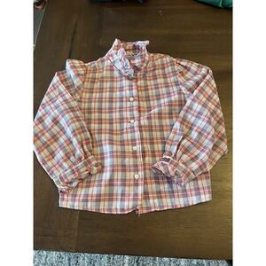 Vtg  1970's 1980's Girls Sasson Button Down Top Ruffled Sleeves Shimmer Thread